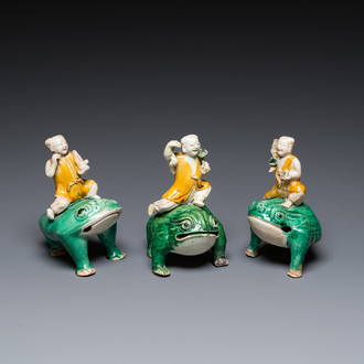 Three Chinese verte biscuit sculptures of Liu Hai on the three-legged toad, Kangxi