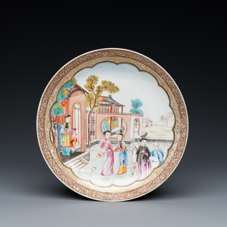 A Chinese famille rose semi-eggshell mandarin subject plate, Qianlong