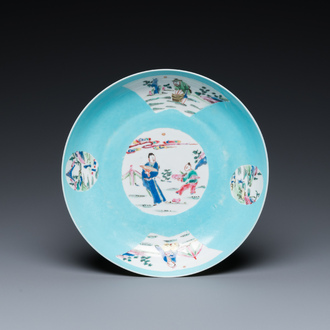 A Chinese turquoise-ground famille rose semi-eggshell plate, Yongzheng mark and of the period