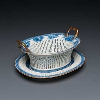 A Chinese blue and white pierced basket on stand, Qianlong