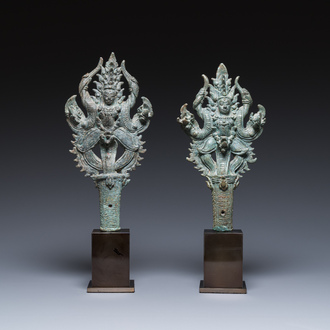 A pair of Khmer bronze ornaments showing dancing Apsaras in Bayon-style, Cambodia, Angkor period, 13th C.