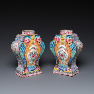 A pair of rare Chinese Canton enamel 'double eagle' vases, Yongzheng