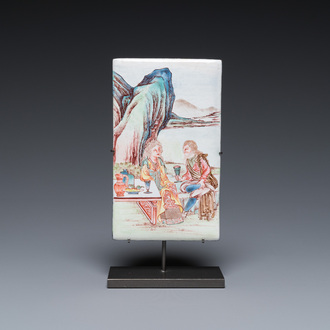 A rectangular Chinese Canton enamel plaque with a European couple, Yongzheng