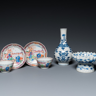 A Chinese blue and white bottle vase, a tazza and a pair of famille rose cups and saucers, Kangxi and later