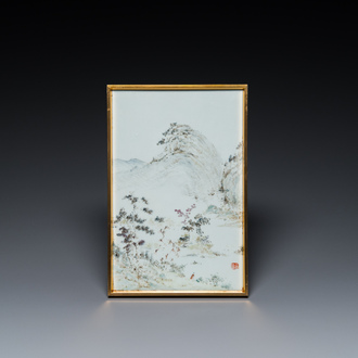 A Chinese qianjiang cai 'mountainous landscape' plaque, 19th C.