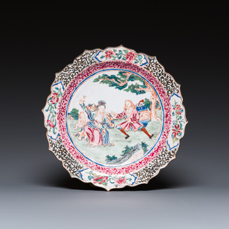 A Chinese Canton enamel 'erotical subject' plate, Yongzheng/Qianlong