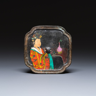 A Chinese bronze mirror with painted portrait of a lady, Tang