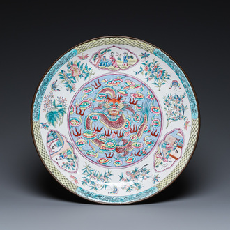 A Chinese Canton enamel 'dragon' dish, Kangxi mark, Qianlong