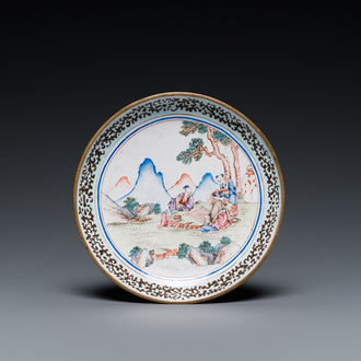 A Chinese Canton enamel 'go-players' plate, Yongzheng/Qianlong