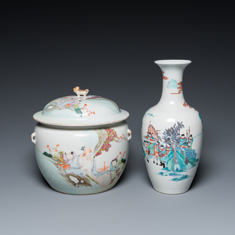 A Chinese doucai vase and a qianjiang cai bowl and cover, 19/20th C.