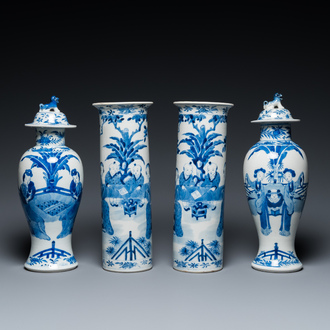 A Chinese blue and white garniture of five vases with ladies and boys, Kangxi mark, 19th C.