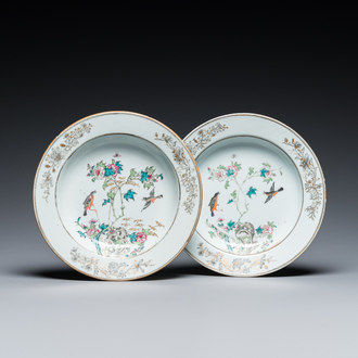 A pair of Chinese famille rose 'magpie and peonies' dishes, Yongzheng/Qianlong