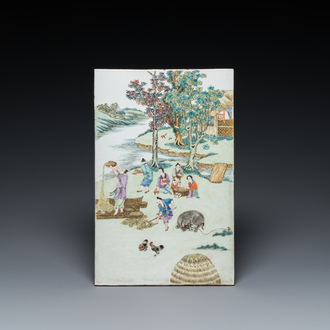 A Chinese famille rose ‘rice production’ plaque, 19th C.