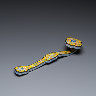 A Chinese Beijing enamel yellow-ground 'bajixiang' ruyi sceptre, Qianlong mark, 19/20th C