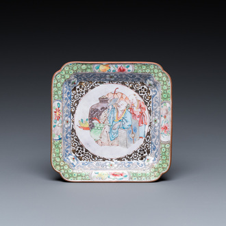 A Chinese Canton enamel square saucer dish with a scholar drinking wine, Yongzheng/Qianlong