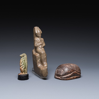 A green stone sculpture of Osiris, a steatite scarab and a green frit Thot, Egypt, New Kingdom to Ptolemaic period