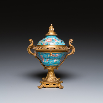 A Chinese Canton enamel bowl and cover with fine gilt bronze mount, Jiaqing