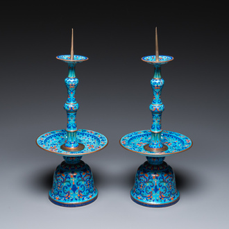 A pair of Chinese light-blue-ground Canton enamel candlesticks, Yongzheng