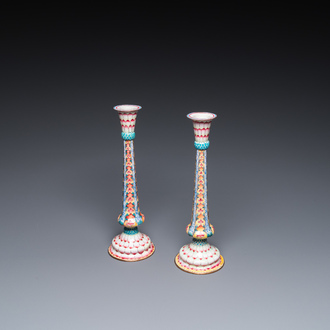 A pair of Chinese Canton enamel 'lotus' candlesticks, Yongzheng