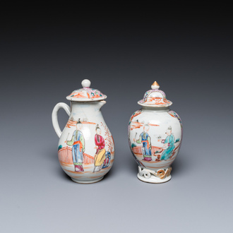 A Chinese famille rose 'mandarin subject' jug with cover and a tea caddy, Qianlong