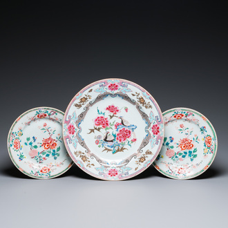 A Chinese famille rose dish and a pair of plates, Yongzheng