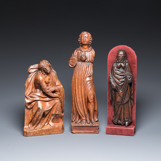 Drie houten sculpturen van Christus op de koude steen, Antonius van Egypte en een heilige, 16e eeuw