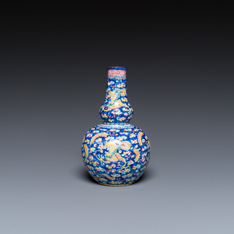 A Chinese blue-ground Canton enamel double gourd 'dragons' vase, Shangxin 赏心 mark, Qianlong