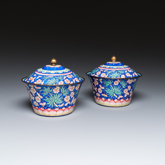 A pair of Chinese Canton enamel bowls and covers, Qianlong