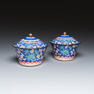 A pair of Chinese Canton enamel bowls and covers, Qianlong