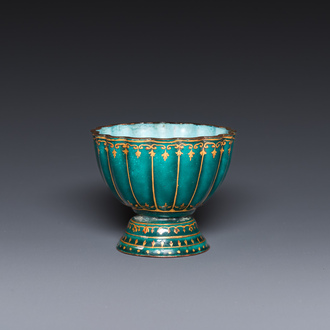 An unusual Chinese gilt-decorated green-ground Canton enamel flower-shaped stem bowl, ex-coll. Harry Garner, Qianlong