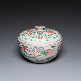 A Chinese wucai 'phoenixes' bowl and cover, Transitional period