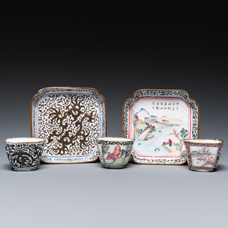 Three Chinese Canton enamel cups and two saucers, Qianlong