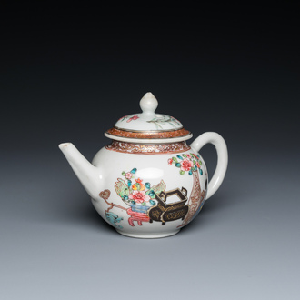 A Chinese famille rose 'antiquities' teapot and cover, Yongzheng