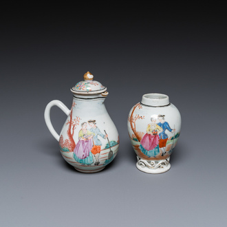 Un crémier et une boîte à thé en porcelaine de Chine famille rose à sujet européen, Qianlong