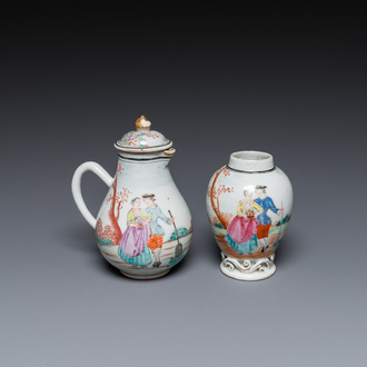 A Chinese famille rose 'European subject' milk jug and tea caddy, Qianlong