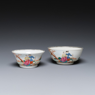 Two fine Chinese famille rose 'European subject' bowls, Qianlong