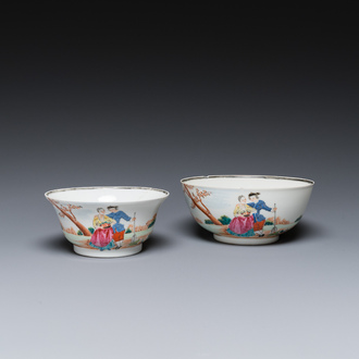 Deux bols en porcelaine de Chine famille rose à sujet européen, Qianlong