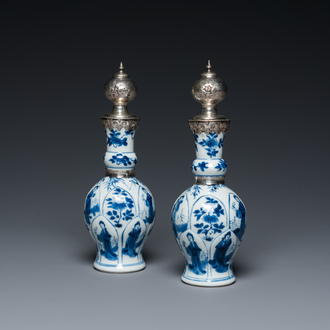 A pair of Chinese blue and white vases with Dutch silver mounts, Kangxi