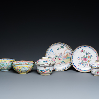 Two Chinese Canton enamel covered bowls on stands and two bowls, 18/19th C.