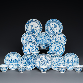 Twelve Chinese blue and white saucers and eight cups, Kangxi