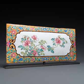 A large rectangular Chinese gold-yellow-ground Canton enamel plaque with fine floral design, Yongzheng