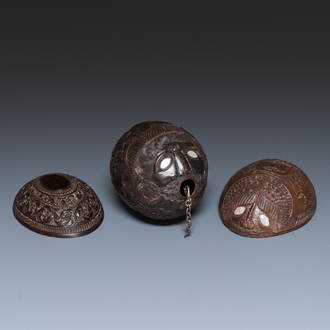 Three French colonial carved coconuts, French Guiana, 18/19th C.