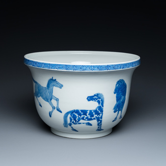 A Chinese blue and white 'Eight horses of Mu Wang' jardinière, Kangxi mark, 19/20th C.