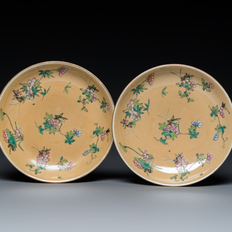 A pair of Chinese café-au-lait-ground famille rose 'grasshopper' plates, Daoguang mark and of the period