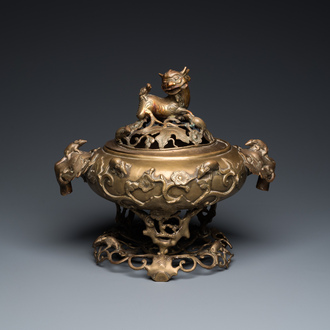 A large Chinese bronze reticulated censer and cover on stand, 19th C.