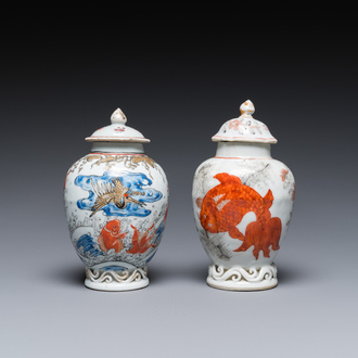 Two Chinese blue, white and iron-red 'carps' tea caddies, Yongzheng