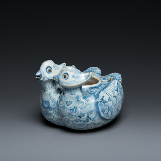 A Chinese blue and white twin duck-form water dropper, Ming