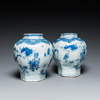 A pair of Chinese blue and white hexagonal vases, Transitional period