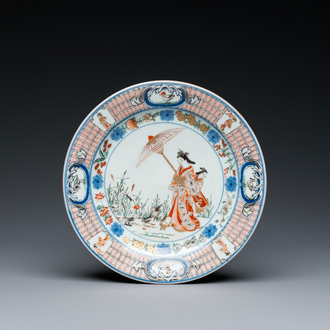 A Japanese Imari 'Parasol Ladies' plate after Cornelis Pronk, Edo, 18th C.