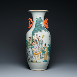 A Chinese qianjiang cai vase with musicians and scholars, signed Zhou Ding 周鼎, dated 1915